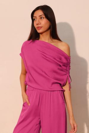 Washed Poly Silk Asymmetrical Drawstring Top