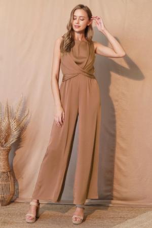 Washed Poly Silk Twist Front Jumpsuit