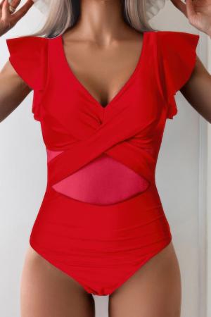 Ruffle Sleeves Deep V Neck Cross Lace Swimsuit