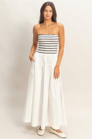 Striped Strapless Flowy Midi Dress
